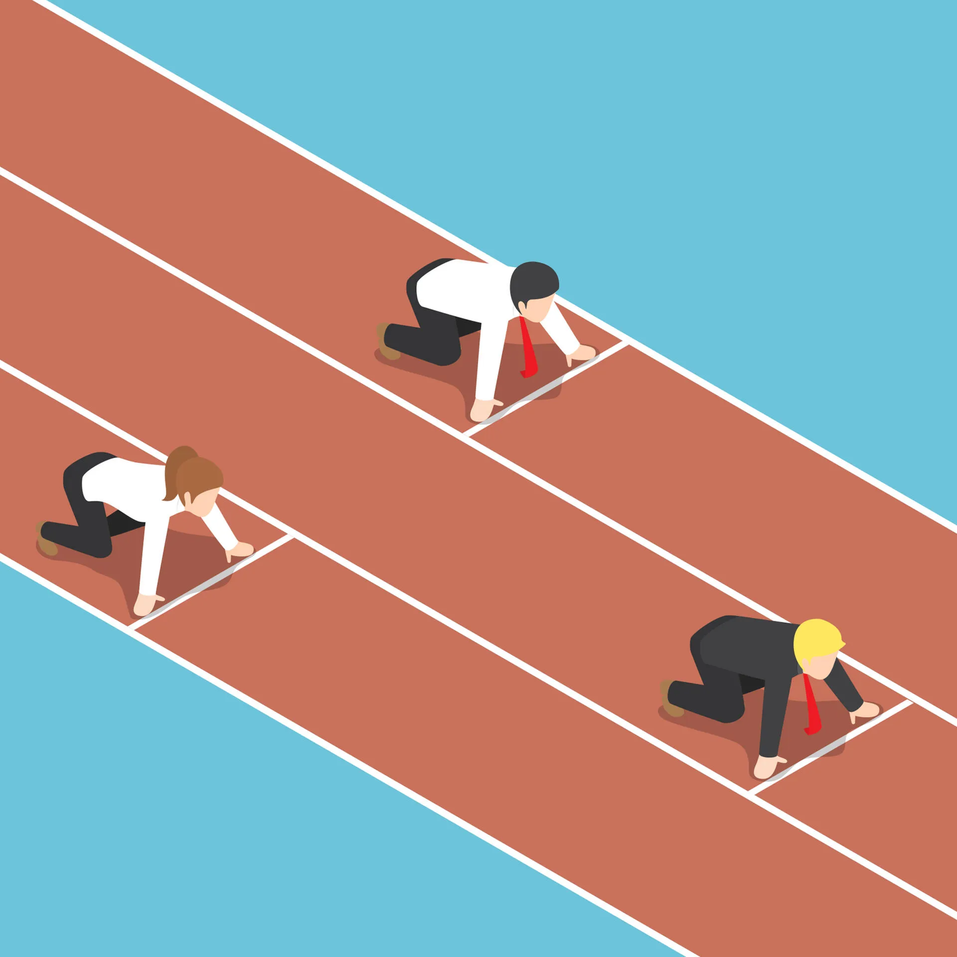 An illustration of runners at the starting line of a track, with one runner placed ahead of the others.